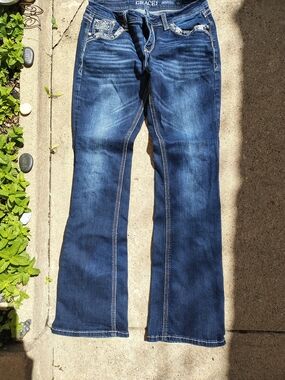 Grace in LA Women's Dark Blue Flare Jeans with Embellished Pockets